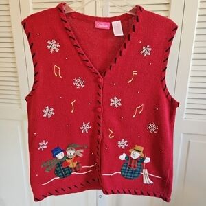 Vintage Cappagallo Christmas Holiday Sweater Vest Women Medium Button Y2K Red